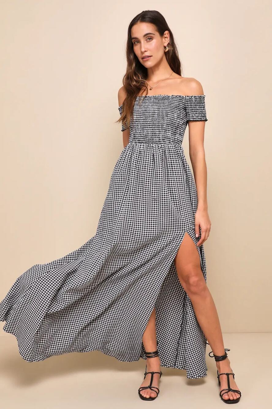 Lulus Patsy Gingham Off The Shoulder Maxi Dress Size S Black White Smocked
